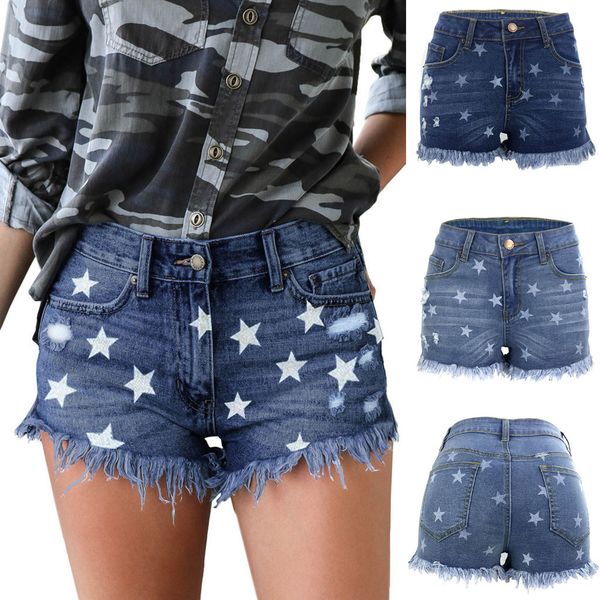

women's shorts feminino star print high waist jeans button pocket slim tassel high waist shorts femme, White;black