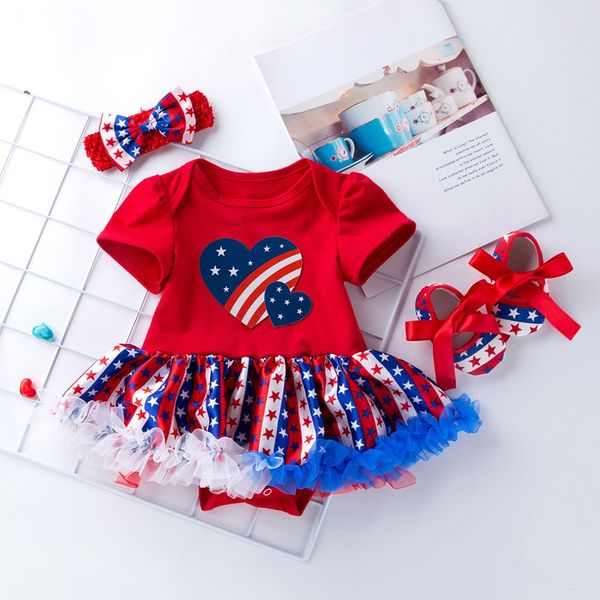 

toddler baby girl clothes 4th of july stars print dress+headbands+shoes set outfit summer 2019 vestido infantil robe fille modis, White