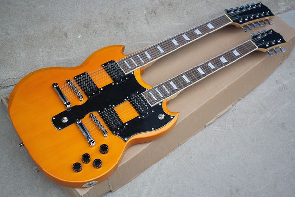 

factory custom double neck yellow electric guitar with 6+12 strings,chrome hardware,black pickguard,offer customized