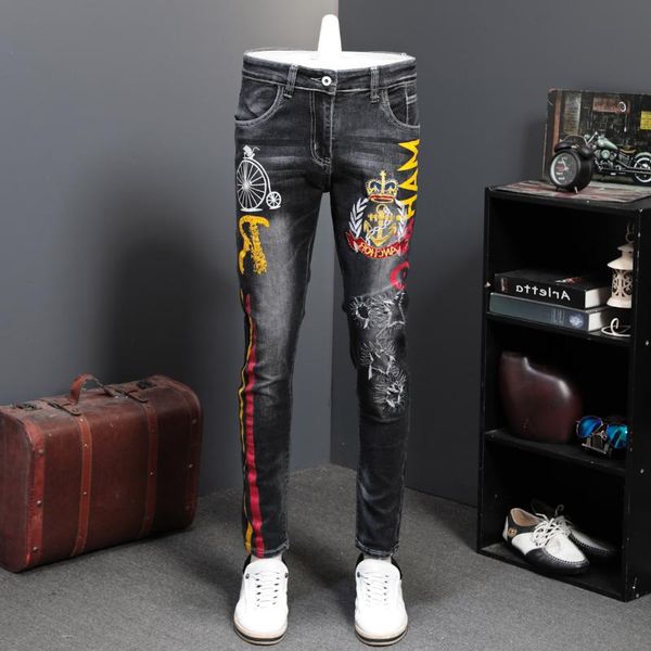 

men's jeans holes patch printing male elastic leisure time pants denim trousers slim straight vintage hole jean for men, Blue