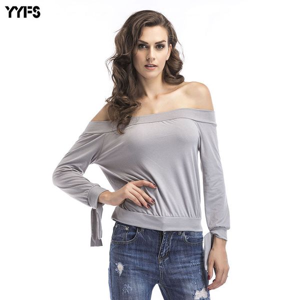 

женщин дизайнер сексуальный слово воротник t-рубашка женская сплошной цвет длинным рукавом topcbzq, White