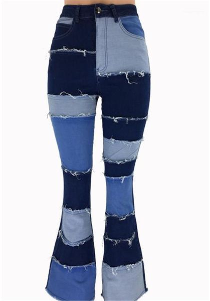 

womens clothes womens panelled micro flare jeans washed cuffs designer jeans high waist casual patchwork color jeans, Blue