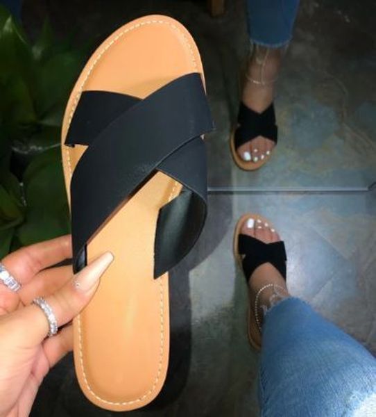 

2020 summer new comfortable wild solid color european and american sandals flat women's beach shoes slippers, Black