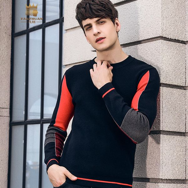 

fanzhuan 2018 new black male men's man winter court slim long sleeved black pullover sweater personality 825215, White;black