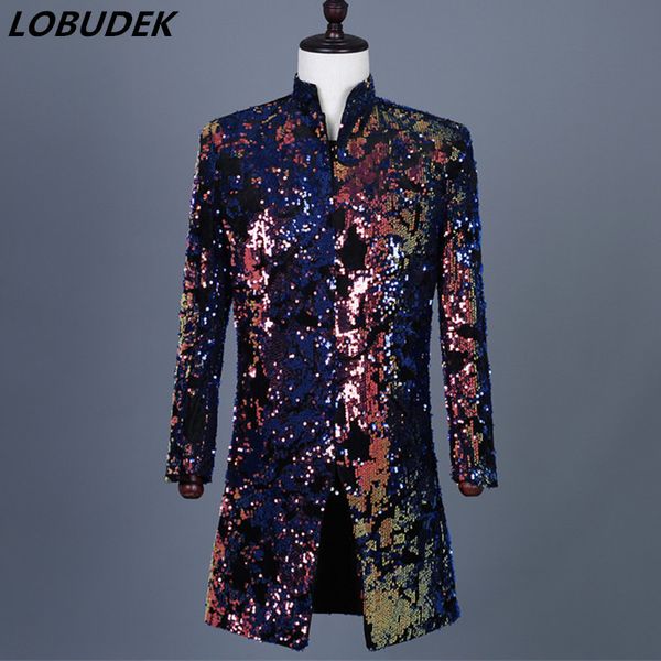 

nightclub tide male singer dazzles colorful sequins long blazers dj singer bar nightclub host stage costume fashion suit jackets, White;black
