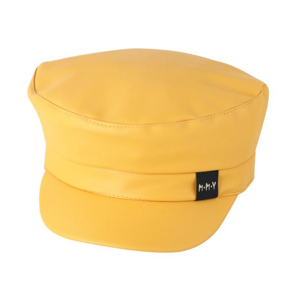 

new children cap pure color flat roof autumn lmitation leather wild beret peaked caps hats sombrero mujer#pingyou, Yellow