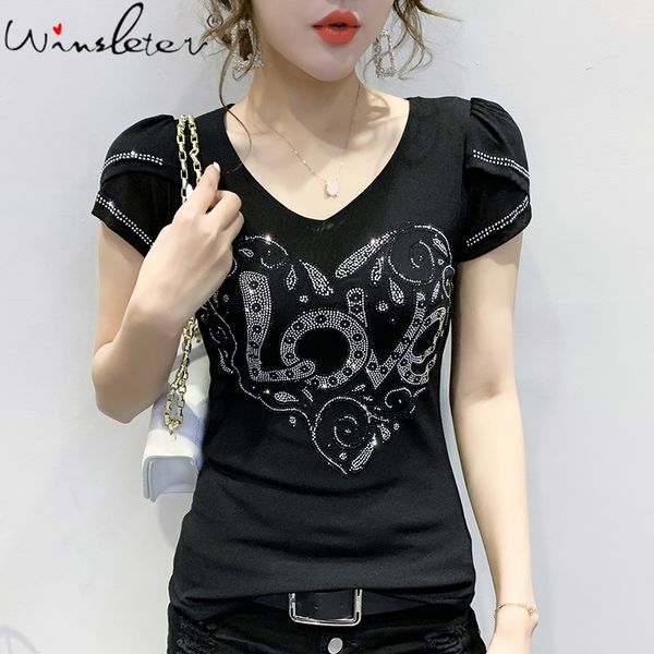 

women's t-shirt black t shirt summer cotton diamonds letters love heart v-neck petal sleeve slim tee casual women clothing t02811b, White