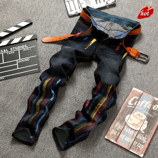 

men's jeans fashion pacthwork slim jeans men new brand casual personality hand-painted ink paint straight plus size o8r2, Blue