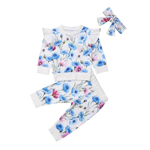 

newborn kids baby girl clothes set floral long sleeve shirt pants headband autumn girls clothing cotton outfit 3pcs, White