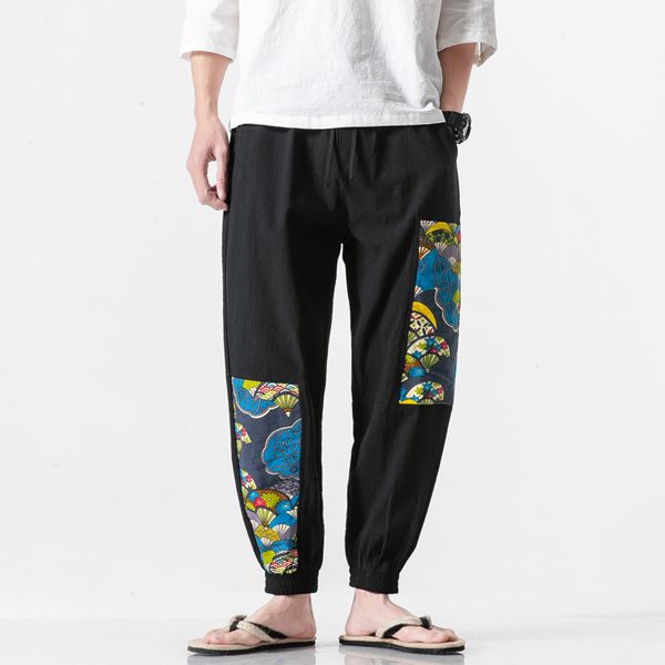 

harem pants 2019 mens streetwear fashion joggers pants patchwork harajuku trousers cotton linen elastic waist hip hop men, Black