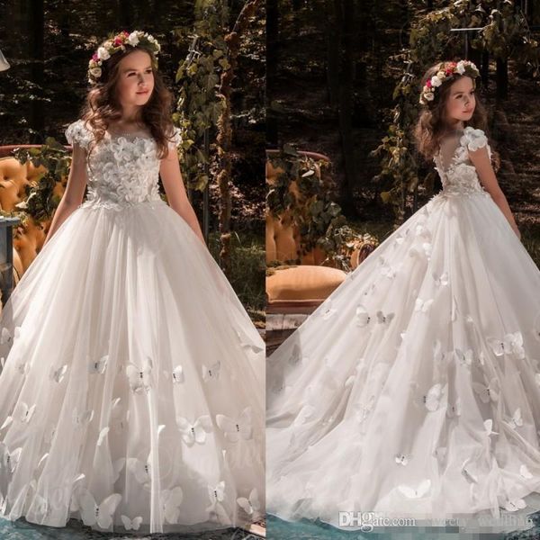 Vestidos de concurso meninas elegantes 3d apliques borboleta jóia pescoço tampado mangas curtas vestidos de aniversário varrer trem tule flor meninas vestidos