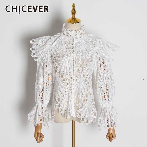 

women's blouses & shirts chicever vintage hollow out polka dots female turtleneck flare long sleeve irregular blouse women fashion clot, White