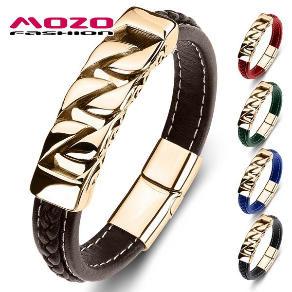 

mozo fashion retro men bracelet genuine leather stainless steel charm bracelet women jewelry bracelets brown, Golden;silver