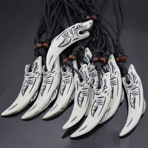 

wholesale 12pcs faux yak bone resin carved white shark tooth pendants choker necklaces for men women surf gifts mn143, Silver