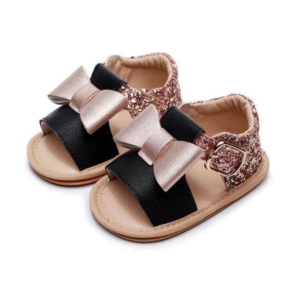 

2020 summer baby sandals summer crystal princess sandals toddler cute big bow fancy shiny sequins flat shoes hard sole, Black;red