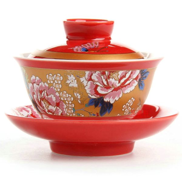 Flor Vermelha Cerâmica Cerâmica Gaiwan Tradicional Chá Antigo Big Copo Bandeja Kungfu Tea Set Tureen Porcelana Casar de Newlywed Presente