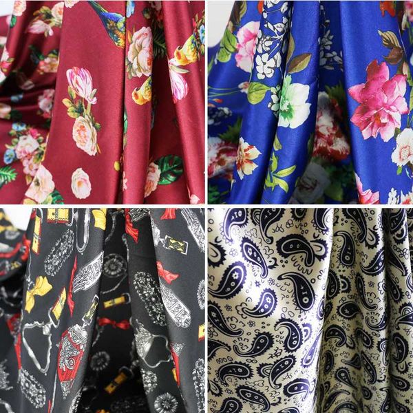 

slightly stretch charmeuse fabric geometric floral satin, Black;white