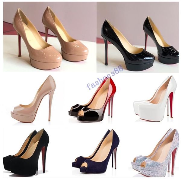 

new classic brand red bottom high heels platform shoe pumps nude/black patent leather peep-toe women dress wedding sandals shoes size 34-45