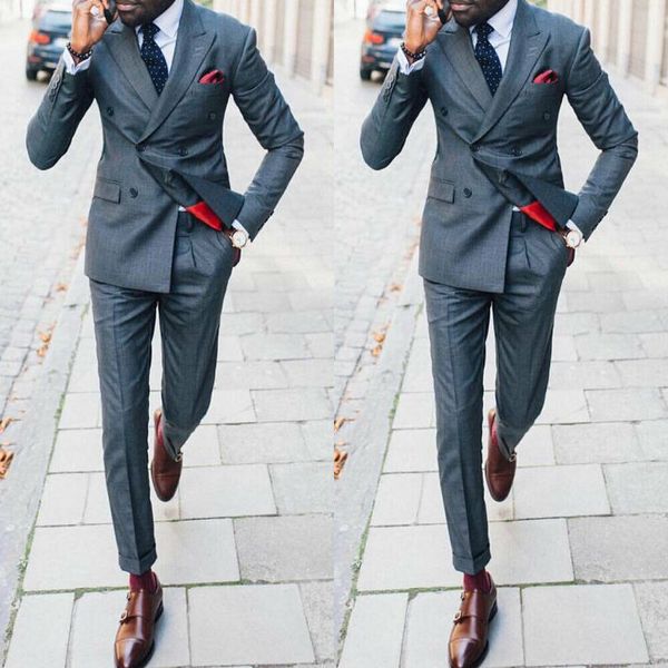 

handsome men's slim fit gray wedding suits double breasted peak lapel party dinner tuxedos custom made blazer (jacket+pants), Black;gray