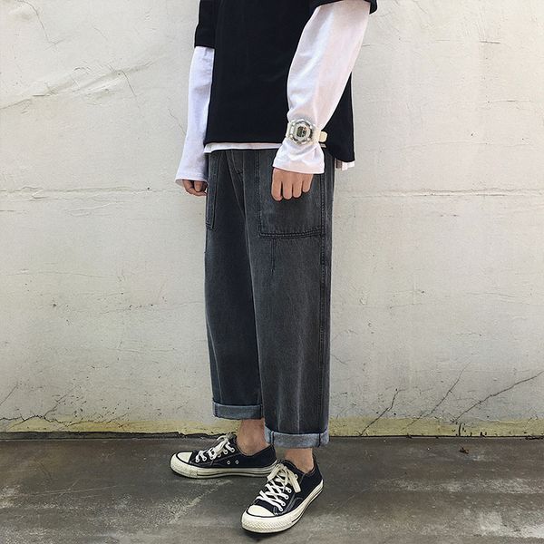 

summer new jeans men fashion retro solid color straight casual cotton denim pants man streetwear hip hop loose male clothes, Blue