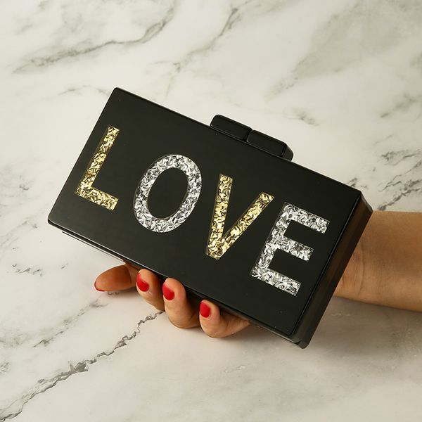 

lady girl party wedding chain mobile phone shoulder bags solid black with silver gold glitter name letter love acrylic bag