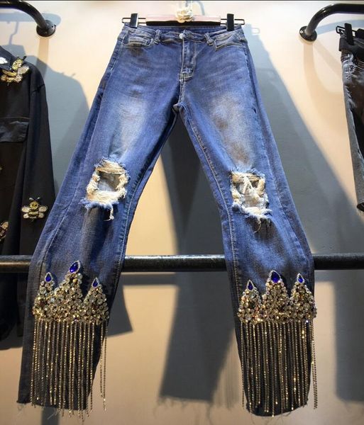 

2019 new autumn women jeans fashion heavy work tassels with diamonds beads high waist hole skinny pencil jeans r1885, Blue