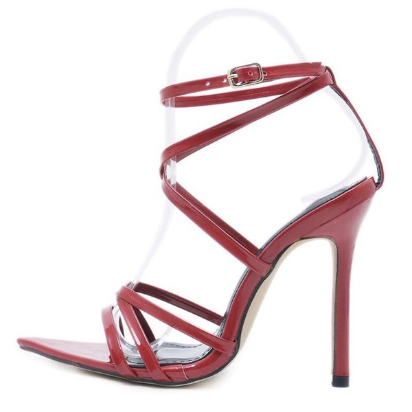 

sharp headed peep toe 11cm thin heels sandals summer 2019 stripper heels female leather yellow sandals ankle cross strappy stiletto heels, Black