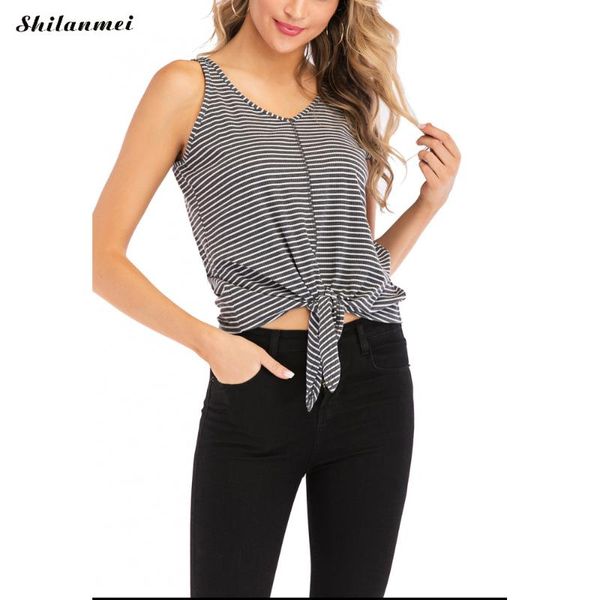 

lady bandage women sleeveless crop 2020 casual vest tank shirt blouse summer stripe shirts irregular sundress, Black;white