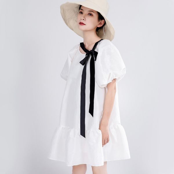 

2020 summer design feeling super fairy temperament puff loose dress flounced lace a-line dress, Black;gray