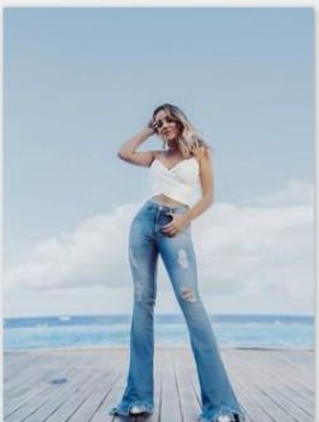 

women flare ripped denim jeans long slim fit skinny high waist holes blue jeans pants female clothing