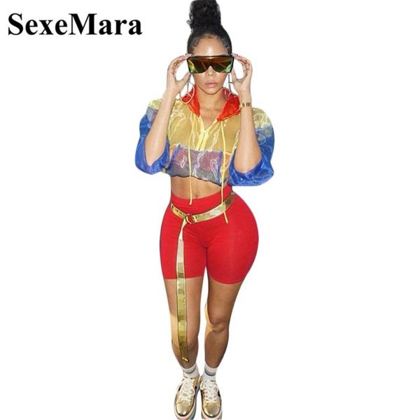 

sexemara два 2 шт комплект одежды для женщин сексуальная сетка растениеводство топ толстовка и байкер шорты осень 2018 спортивный костюм ули, Gray