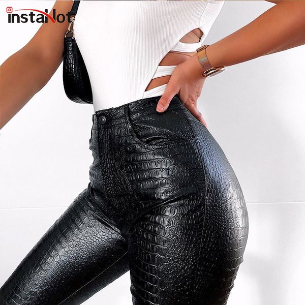 

women's pants & capris insta black pencil faux leather women casual elegant carving print ladies ankle length streetwear trousers, Black;white