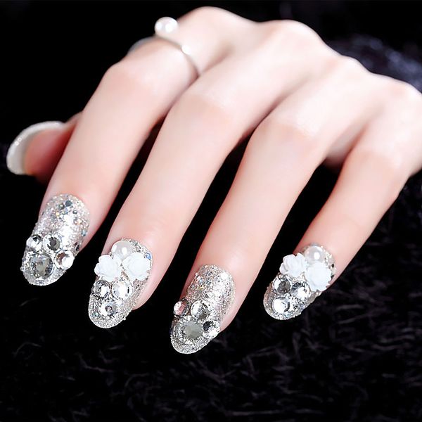 

wholesales distributor price 24 pcs gorgeous 3d rhinestone silvery glitter false nails with glue white flower long fake nails, Red;gold
