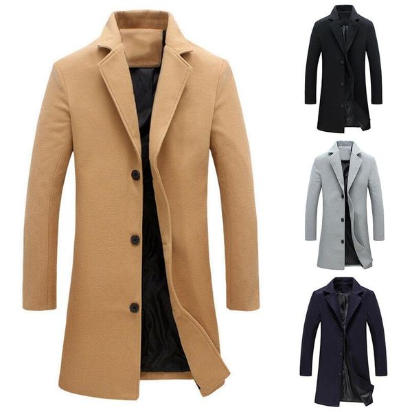 

men wool blends coats winter long coat blends solid color coat men single-breasted windbreaker wools plus size casual mens, Black