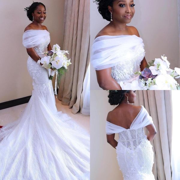 2020 Nova Chegada Sul Africano Vestidos De Casamento Sereia Barco De Neckline Lace Frisado Plissado Tule Plus Size Bidal Vestidos de Noiva