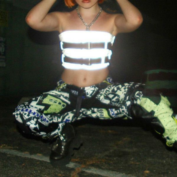 

топы для женщин лета сексуальных женщин светоотражающие бретелек верхней части бака личности назад zipper рукавов crop tops streetwear sexy, White