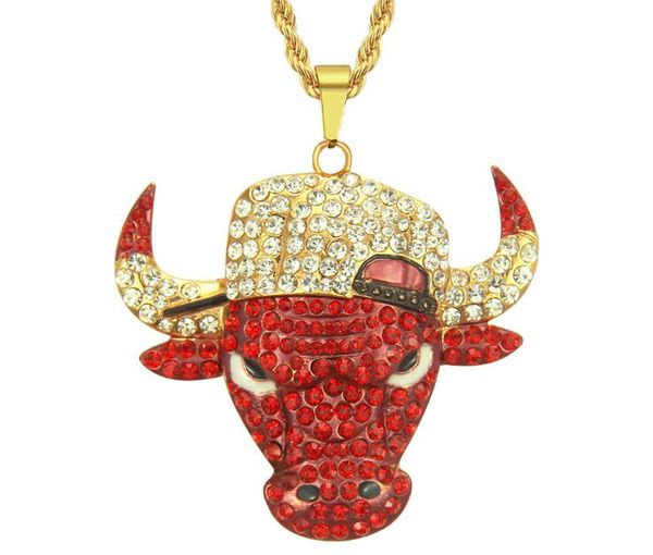

мужская мода iced out bling питания из нержавеющей стали 18k gold ox глава подвеска хип-хоп цепи ожерелье ювелирные изделия, Silver