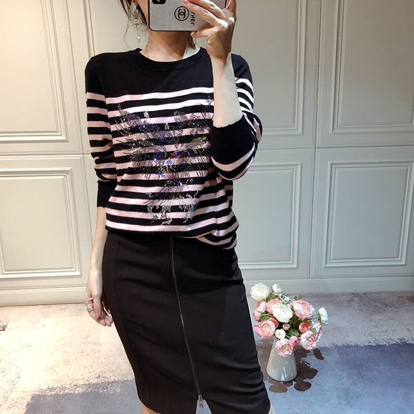 

100% кашемир женщины в полосатом трикотаже горячие drilling o-образный вырез с длинным рукавом тонкого вязаный свитер, White;black