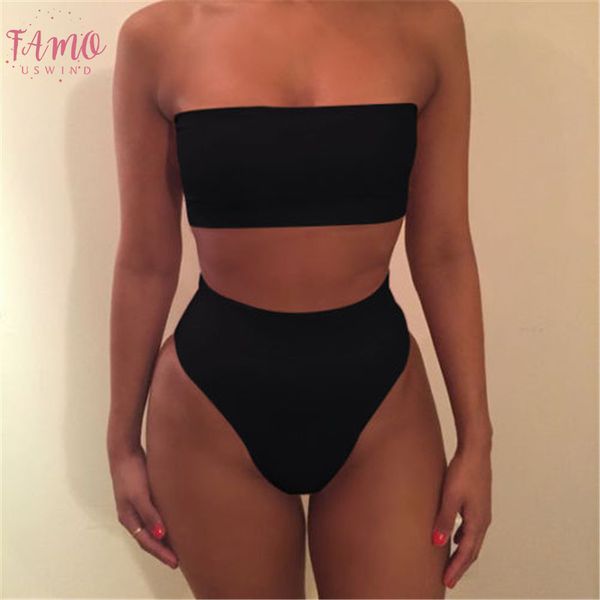 

women strapless off shoulder bikini set push up bandeau padded bandage swimwear bathing suit women 6 solid color swimsuit, White;black