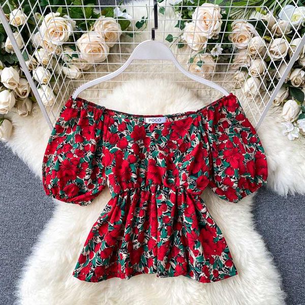 

women's blouses & shirts floral blouse women boho korean style puff sleeve chiffon ruffles slash neck shirt womens clothing slim girl, White