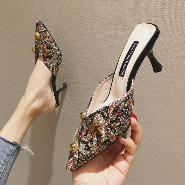 

mules shoes woman embroidery rivet pointed toe slippers thin high heels shallow slides femme casual crystal flipflops 2020, Black