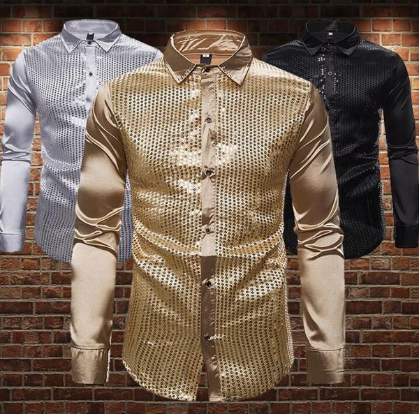

золото серебро блестками атласная отделка рубашка мужчины рубашка с длинным рукавом подростковые свободные мужские личности сценический певе, White;black