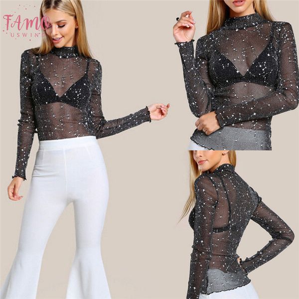 

fashion new ladies womens long sleeve shirt mesh transparent o neck shiny stars printed shirt blouse plus size blusa, White