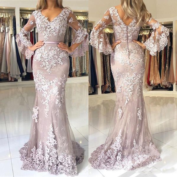 

Delicate Lace Long Sleeve Mermaid Evening Dresses 2019 Prom Gown V Neck Muslim Evening Dresses Plus Size