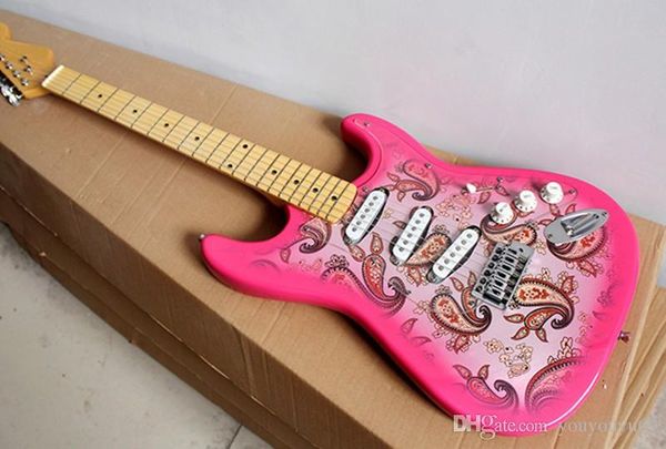 

6-string pink body electric guitar with floral pattern, 3 single picks, maple fingerboard, chrome hardware, custom offers