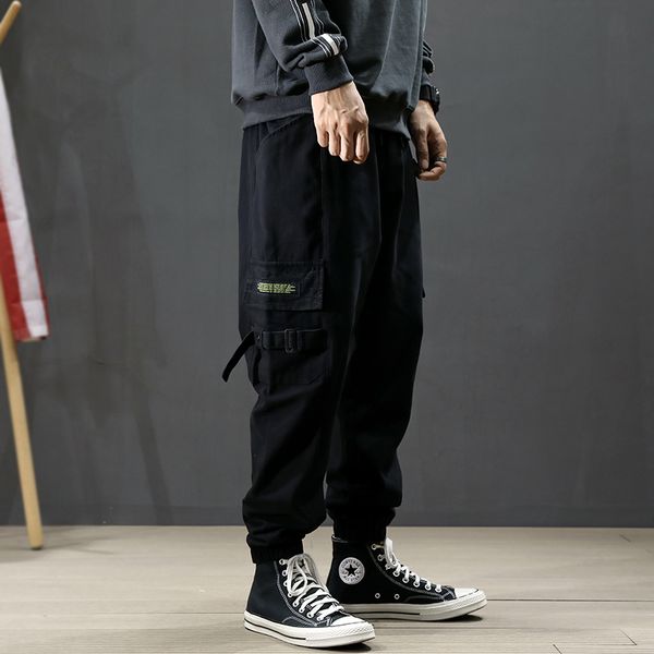 

fashion streetwear men jeans loose fit multi pockets cargo pants army green slack bottom hip hop joggers jeans men harem pants, Blue