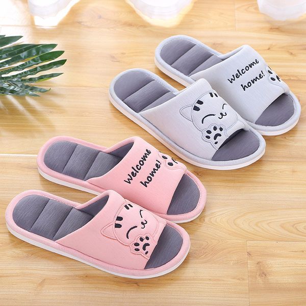 

women soft home flat cat slippers cotton winter warm woman fashion house shoes floor comfort female couple style indoor, Black