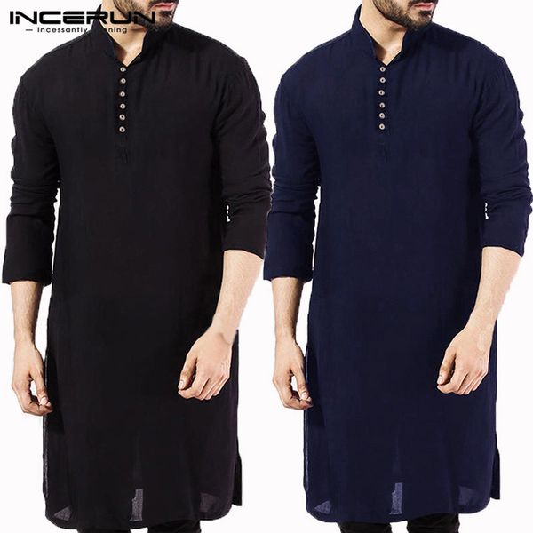 

incerun casual men shirt cotton long sleeve stand collar vintage solid stitched long indian kurta suit pakistani shirt 5xl v191026, White;black