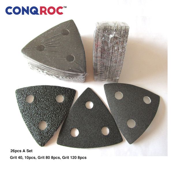 

26 шт 80мм шлифовальной треугольники kit hook loop 3 отверстие black sand подшивки для worx качающегося абразивного инструмента grit 40 80 1