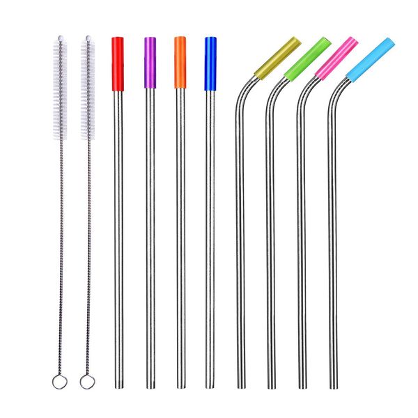 

8 pcs/lot stainless steel straws tumbler reusable replacement metal tips 2 cleaning brushes colorful silica gel sleeve home